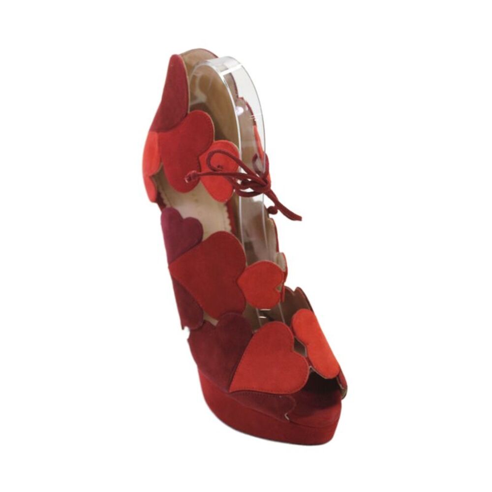Charlotte Olympia Womens Heart Suede Strappy Platform Heels Shoes Red Size 8